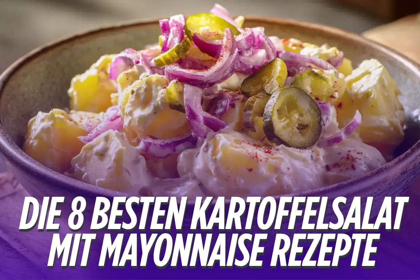 Kartoffelsalat mit Mayonnaise in rustikaler Schüssel, garniert mit Gurken und roten Zwiebeln