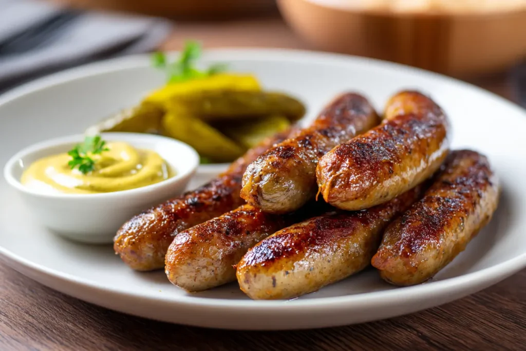 Knusprige Bratwurst auf einem weißen Teller mit Senf und Gurken