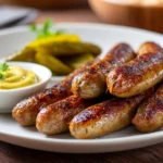 Knusprige Bratwurst auf einem weißen Teller mit Senf und Gurken
