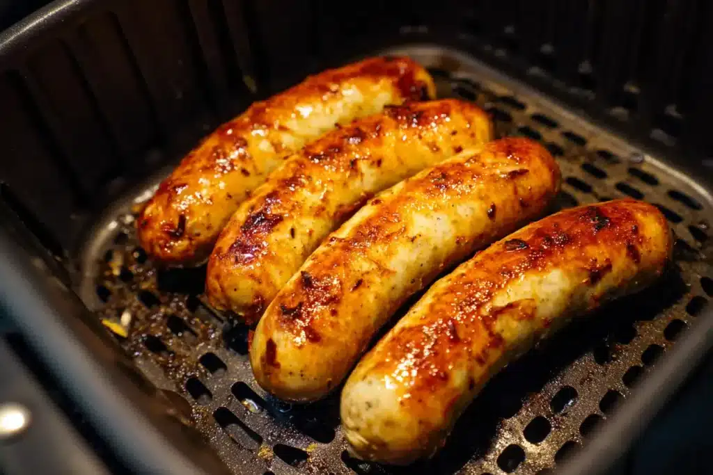 Aufgeplatzte Bratwurst mit verbrannter Haut im Airfryer
