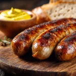 Bratwurst in der Heißluftfritteuse serviert mit Brot