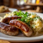 Bratwurst mit Kartoffelsalat und Sauerkraut auf einem Teller