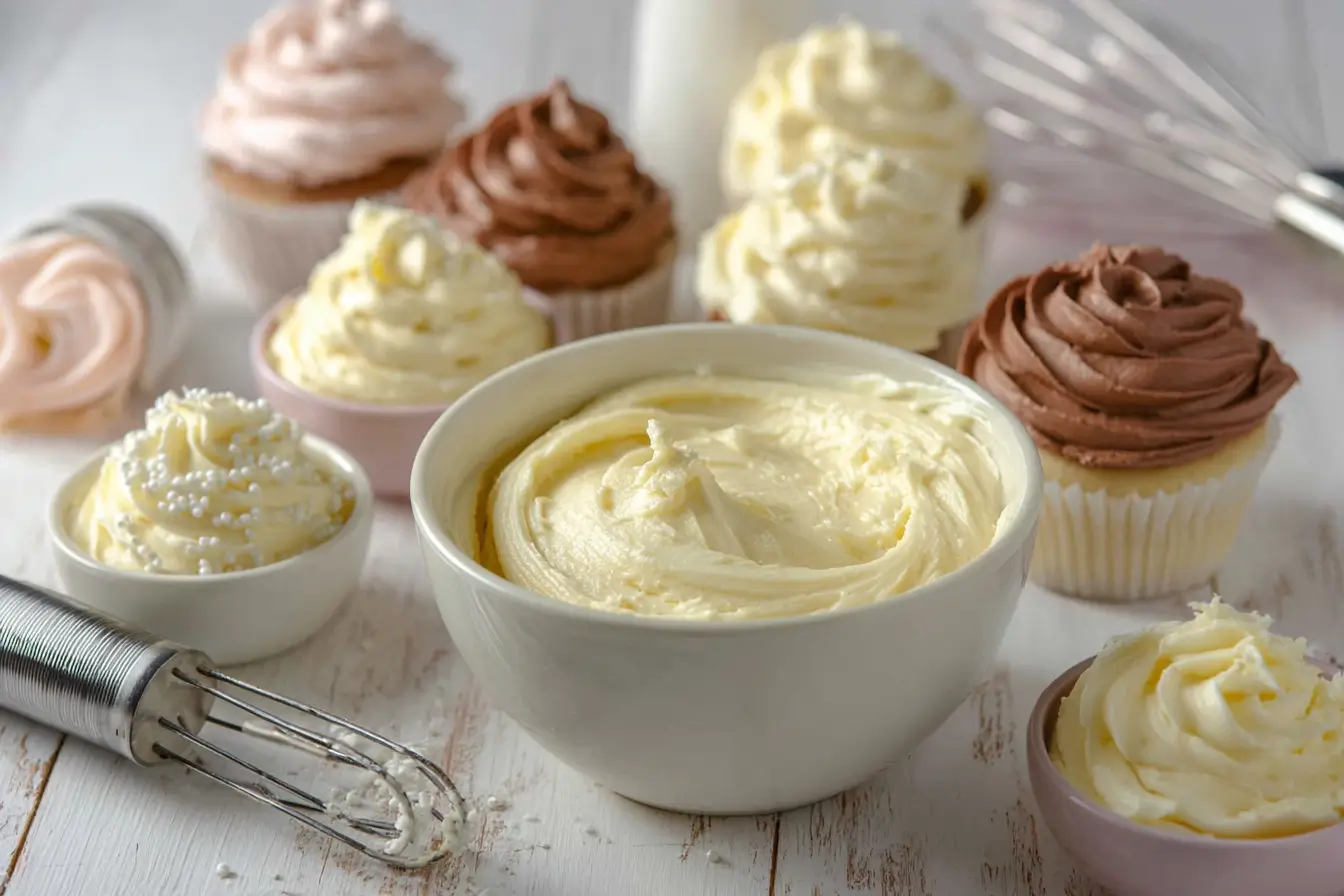 Verschiedene Buttercreme Sorten auf einem Tisch – Vanille, Schokolade, Kaffee, amerikanisch