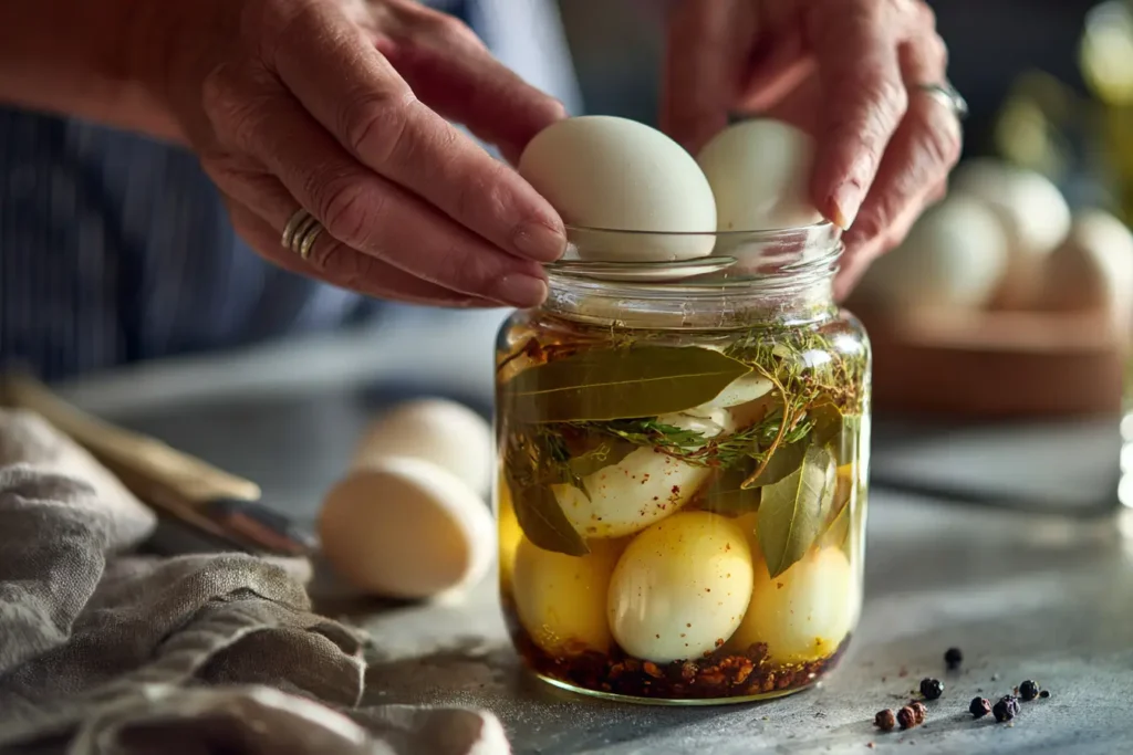 Geschälte Eier werden in Glas mit würziger Salzlake eingelegt