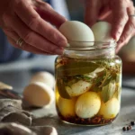 Geschälte Eier werden in Glas mit würziger Salzlake eingelegt