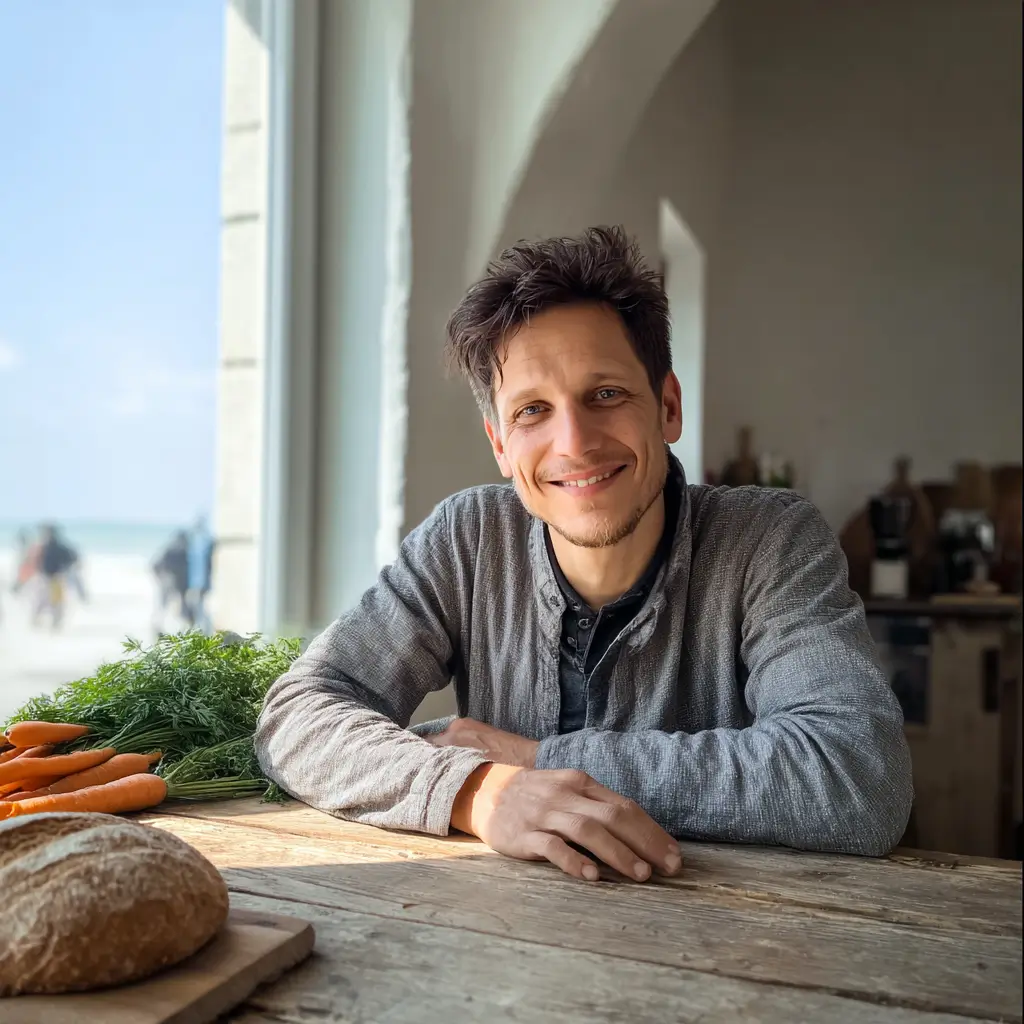 Deutscher Mann Beim Vorbereiten Eines Gesunden Frühstücks Mit Haferbrei Und Beeren Deutscher Mann beim Vorbereiten eines gesunden Frühstücks mit Haferbrei und Beeren