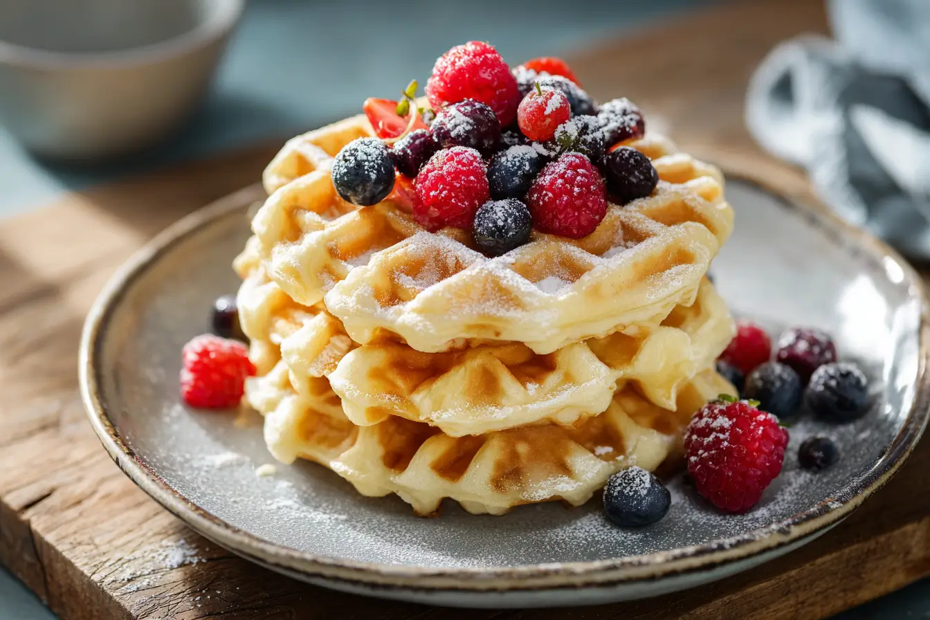 Fluffige glutenfreie Waffeln mit Beeren und Puderzucker auf einem Teller – ideales Frühstück ohne Gluten
