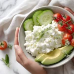 Hüttenkäse Rezept als gesunde Bowl mit Avocado, Gurke und Tomaten