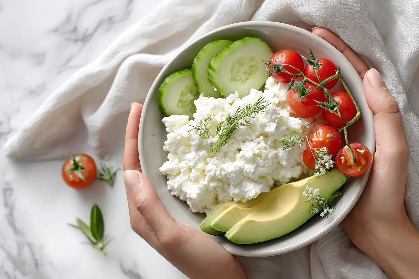 Hüttenkäse Rezept als gesunde Bowl mit Avocado, Gurke und Tomaten