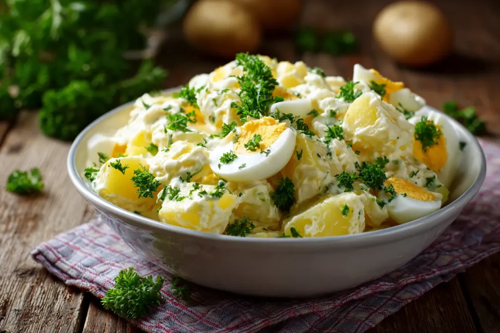 Klassischer Kartoffelsalat mit Mayonnaise, garniert mit Ei und Gurken