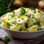 Klassischer Kartoffelsalat mit Mayonnaise, garniert mit Ei und Gurken