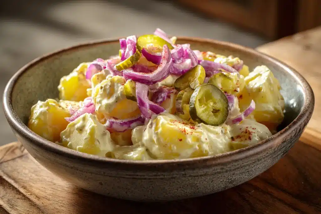 Kartoffelsalat mit Mayonnaise in rustikaler Schüssel, garniert mit Gurken und roten Zwiebeln