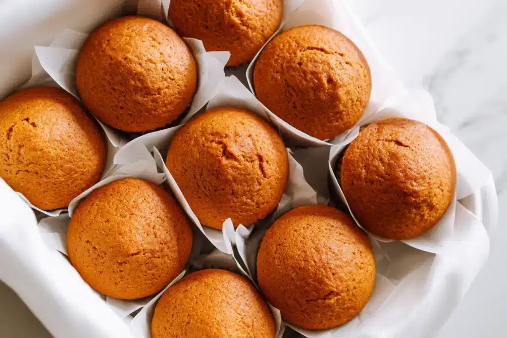 Frisch gebackene Muffins ohne Eier auf Backblech mit goldbrauner Kruste