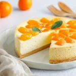 Modernes Foto von Omas Käsekuchen mit Mandarinen, angeschnitten