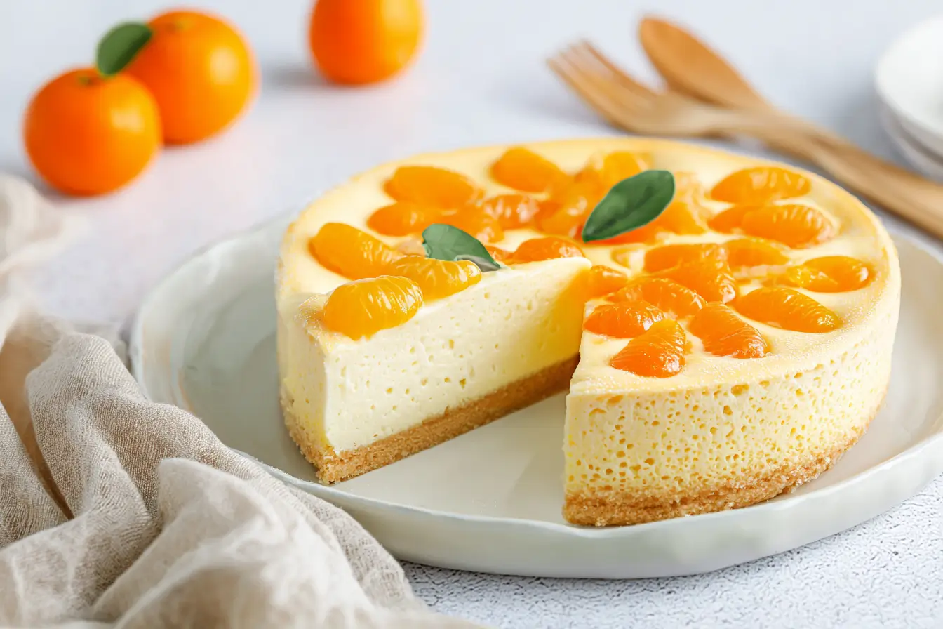 Modernes Foto von Omas Käsekuchen mit Mandarinen, angeschnitten
