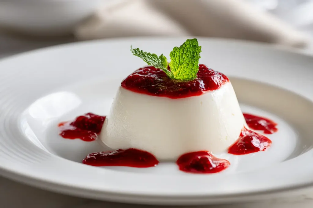 Original italienisches Panna Cotta mit Himbeersauce auf Porzellanteller