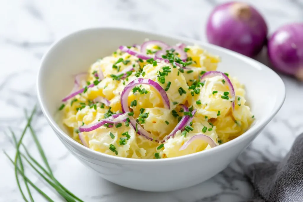 Schwäbischer Kartoffelsalat mit Zwiebeln und Schnittlauch in weißer Schale auf Marmortisch