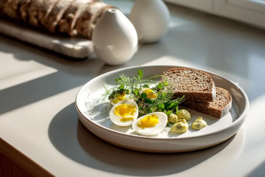 Halbierte Soleier serviert mit Senf, Kräutern und Brot auf einem modernen deutschen Esstisch