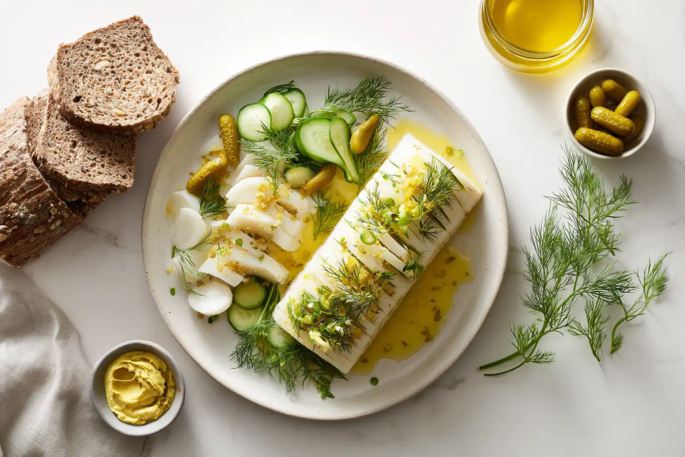 Servierte Soleier Modern Angerichtet Servierte Soleier ohne Schale mit Senf, Brot und Gurken