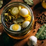 Soleier im Einmachglas mit Gewürzen in einer DDR-Küche