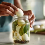 Eier werden in einer modernen Küche Schritt für Schritt in die Salzlake eingelegt