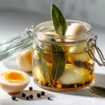 Eingelegte Soleier im Glas mit klarer Salzlake, Zwiebeln, Lorbeer und Pfefferkörnern – klassisches Rezept wie bei Oma