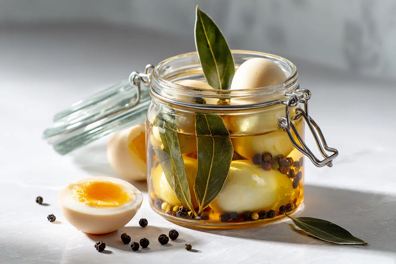 Eingelegte Soleier im Glas mit klarer Salzlake, Zwiebeln, Lorbeer und Pfefferkörnern – klassisches Rezept wie bei Oma