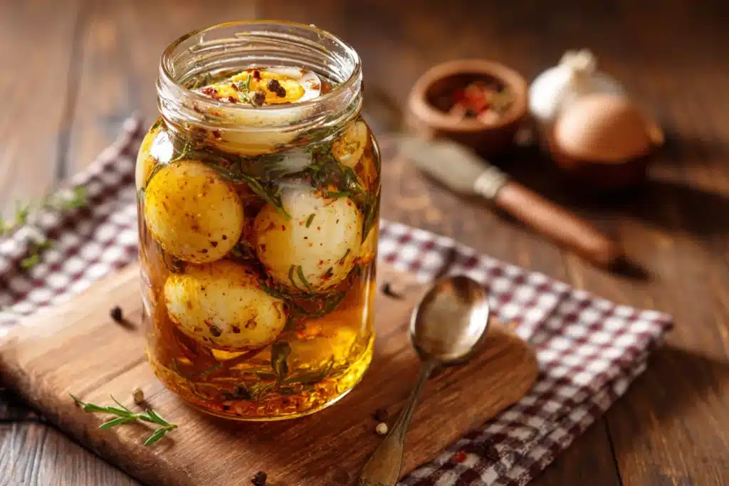 Soleier einlegen nach Omas Rezept in einem traditionellen Glas