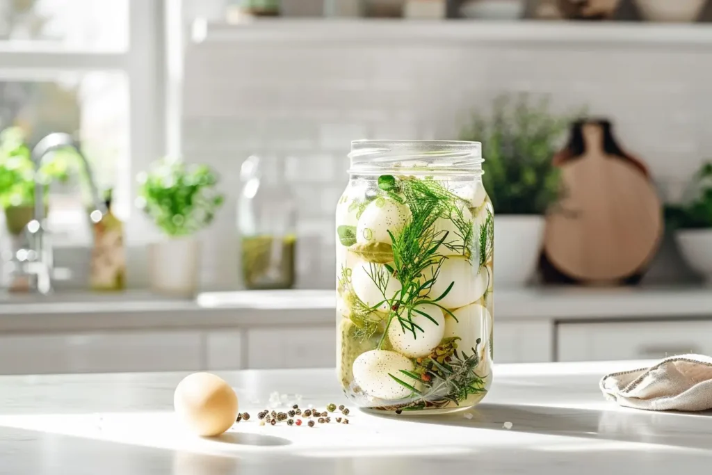 Glas mit Soleiern und Gewürzen in moderner Küche