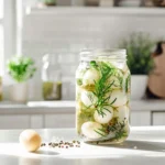 Glas mit Soleiern und Gewürzen in moderner Küche