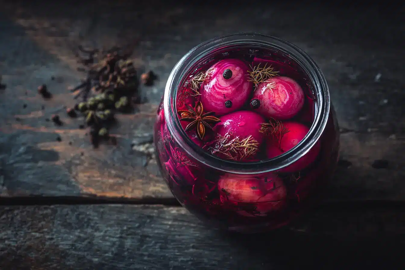 Eingelegte Soleier mit Rote Bete in Glas - tiefrote Farbe und marmorierte Optik