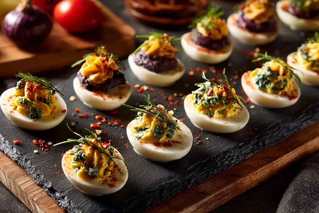 Dekorative Soleier als Party Snack auf einem Buffet mit Kräutern und Gewürzen