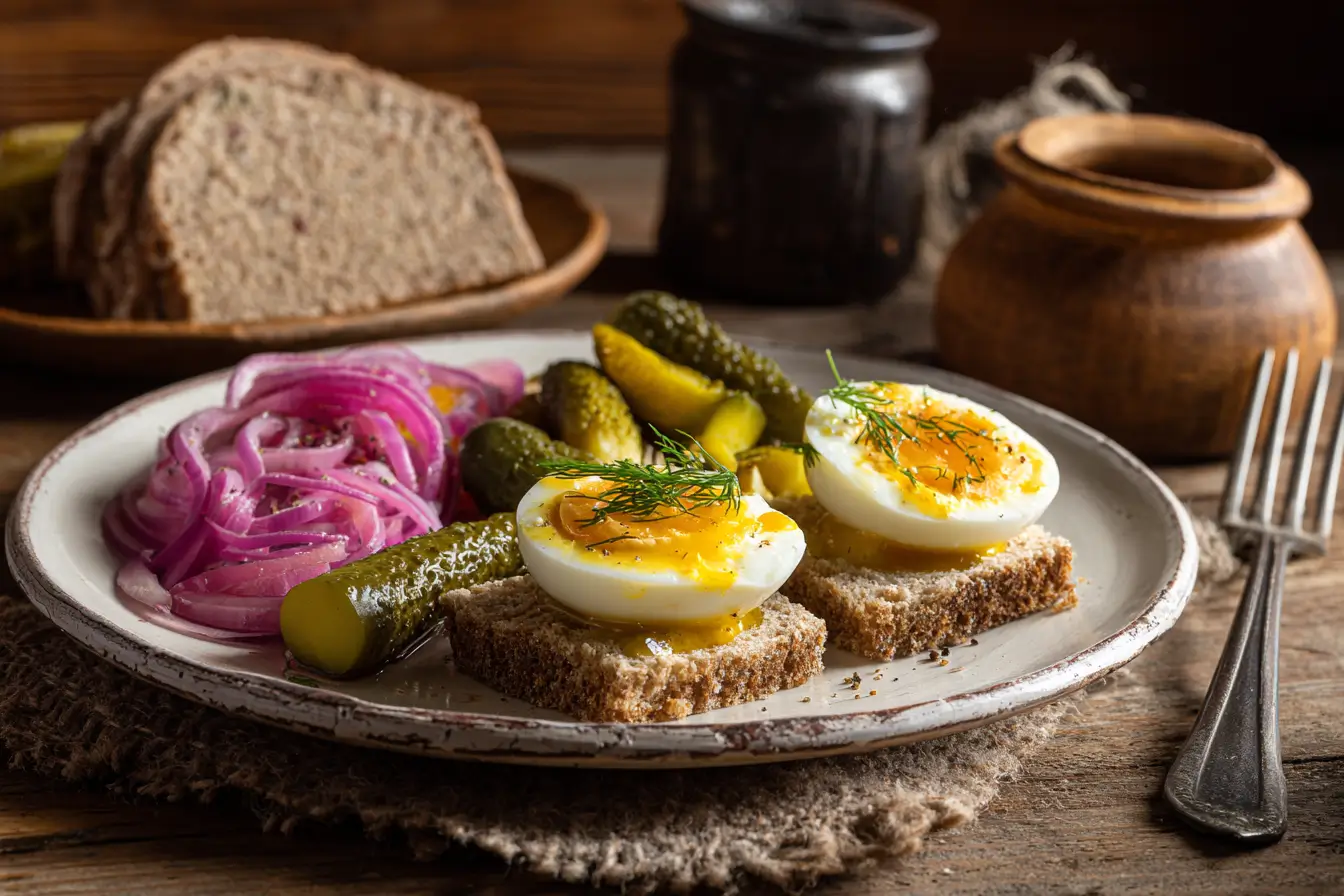 Servierte Soleier Mit Senf, Brot Und Gurken Auf Rustikalem Teller Servierte Soleier mit Senf, Brot und Gurken auf rustikalem Teller