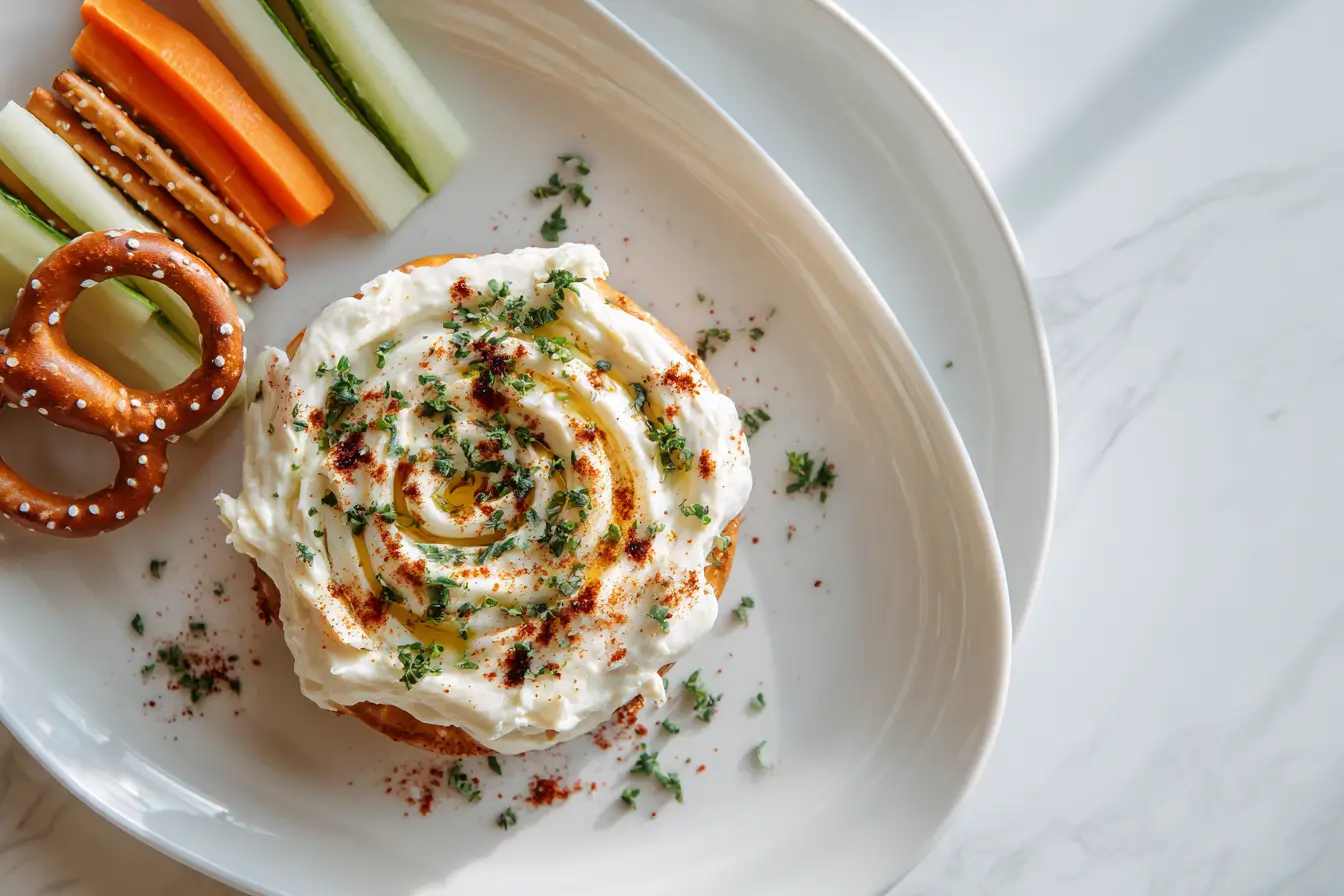 Spundekäs mit Brezeln und Wein auf rustikalem Brett