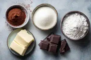 Zutaten für Schokoladen Buttercreme auf Holzbrett