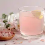 A refreshing glass of pink salt lemonade with a lemon slice, served beside a wooden spoon of pink Himalayan salt crystals.