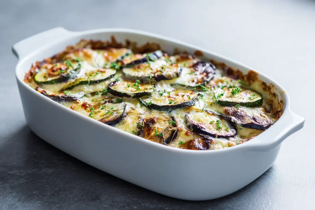 Auberginen Zucchini Auflauf modern angerichtet in einer weißen Auflaufform