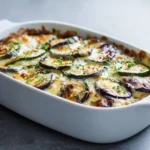 Auberginen Zucchini Auflauf modern angerichtet in einer weißen Auflaufform