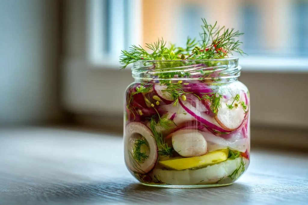 Eingelegter Hering in modernem Glas mit Apfel und Zwiebeln