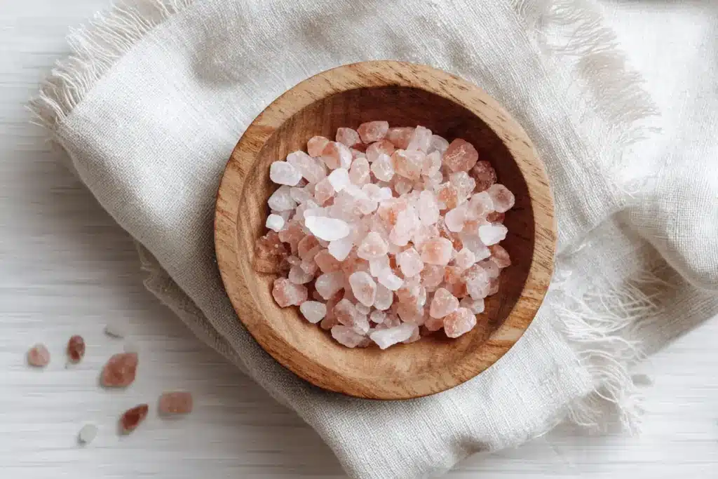 Rosa Himalaya Salz in Holzschale auf weißem Tuch, minimalistisch fotografiert