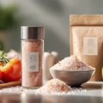 Pink Himalayan salt with grinder and eco packaging on rustic kitchen table