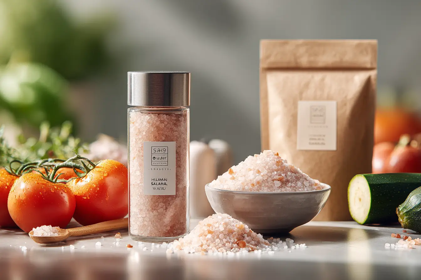Pink Himalayan salt with grinder and eco packaging on rustic kitchen table