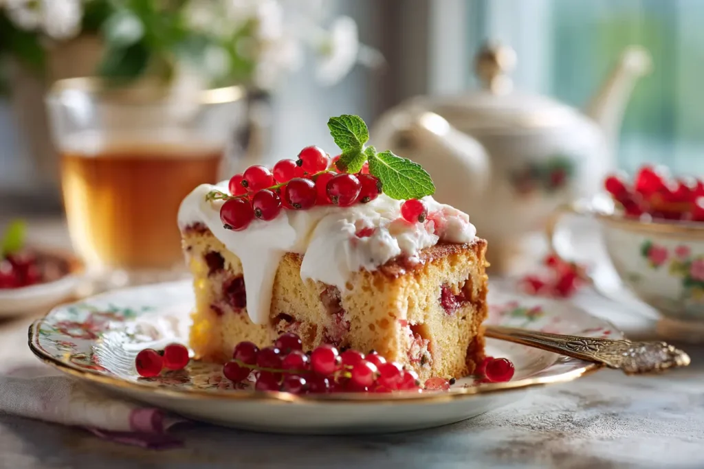 Minimalistisch präsentierter Johannisbeerkuchen auf heller Keramik