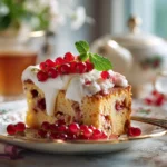 Minimalistisch präsentierter Johannisbeerkuchen auf heller Keramik