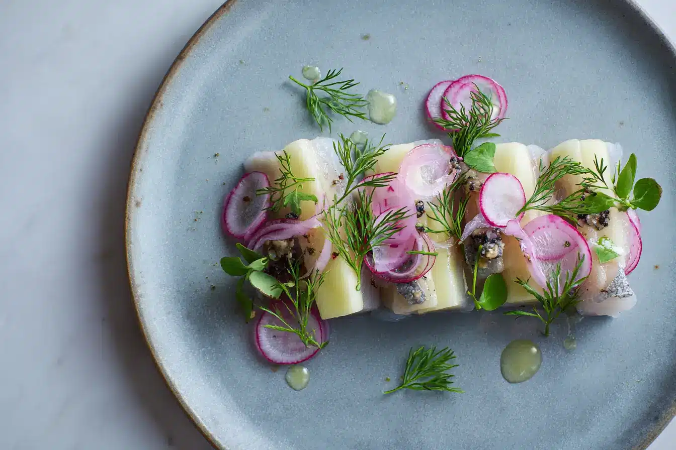 Marinierter Hering modern angerichtet mit Apfel, Zwiebeln und Dill