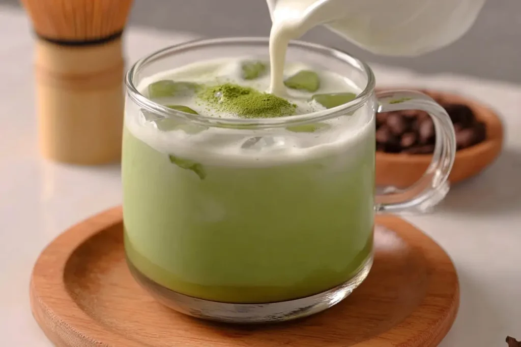 Matcha Latte in modernem Glas auf weißem Tisch