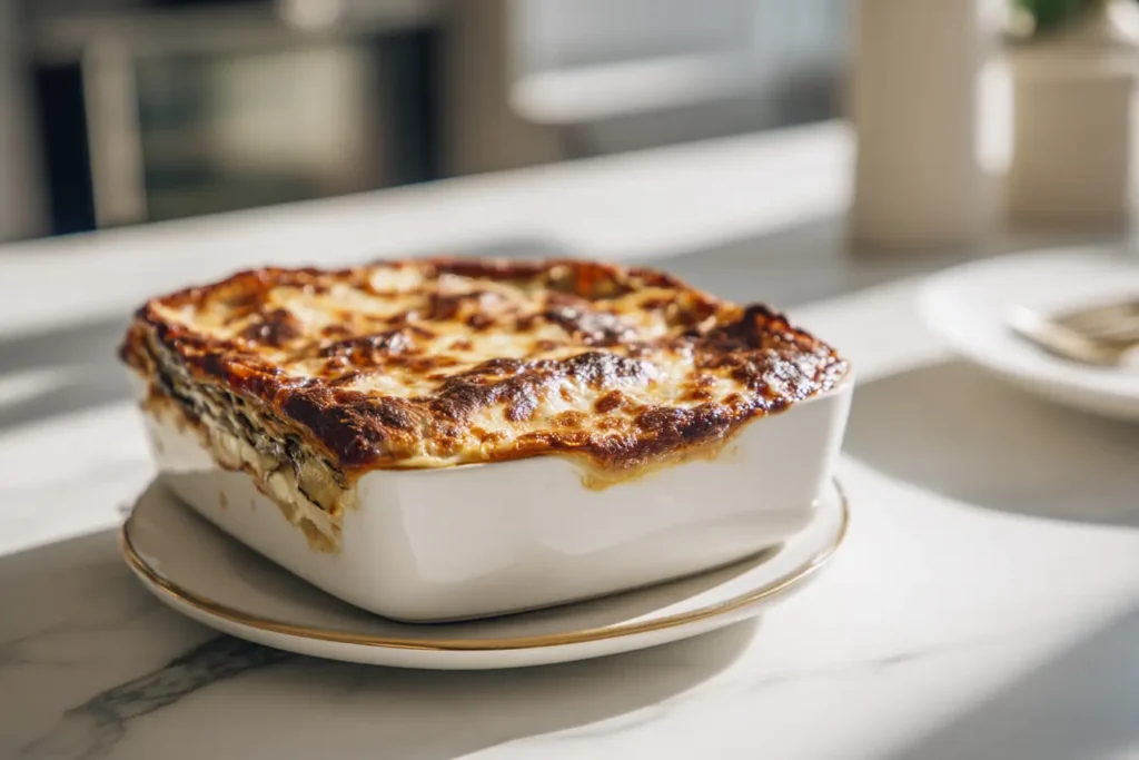 Moderne Aubergine-Zucchini-Lasagne mit goldbrauner Käsekruste auf elegantem Teller