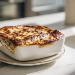 Moderne Aubergine-Zucchini-Lasagne mit goldbrauner Käsekruste auf elegantem Teller