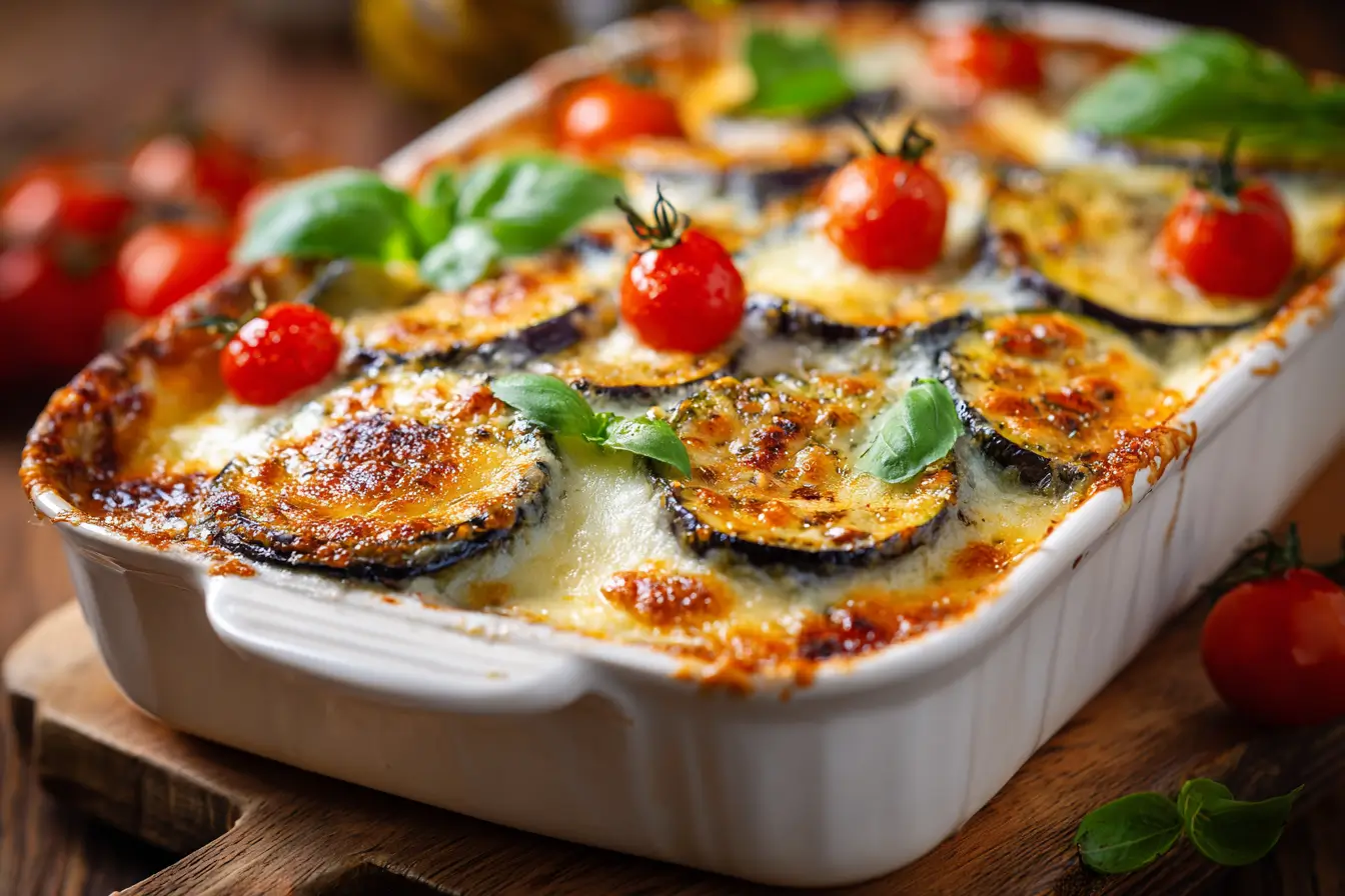 Moussaka mit Zucchini, Auberginen und Kartoffeln frisch gebacken