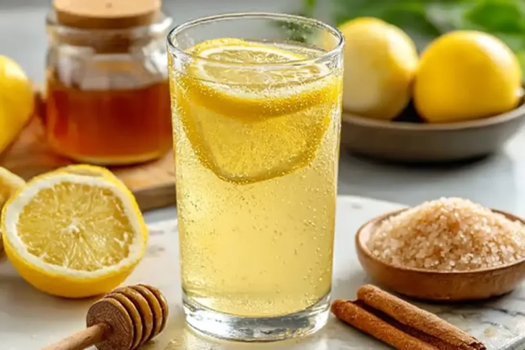 Natürliches Mounjaro-Getränk in modernem Glas mit Zitrone, Ingwer und pinkem Himalaya-Salz